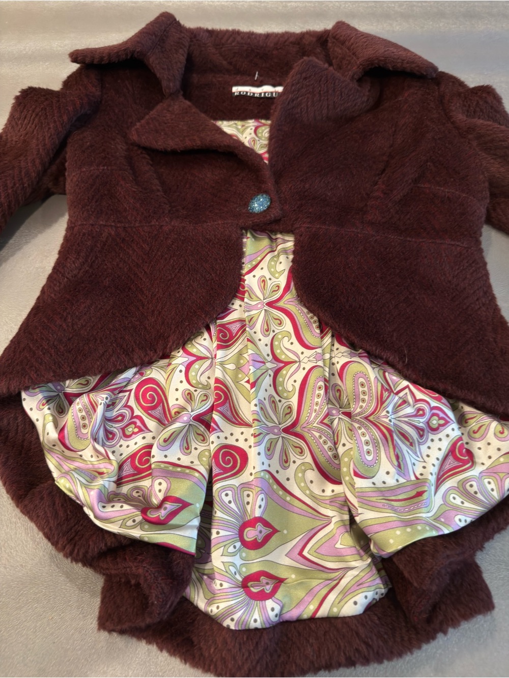 David Rodriguez Vintage Burgundy Faux-Fur Coat with Decorative Button.